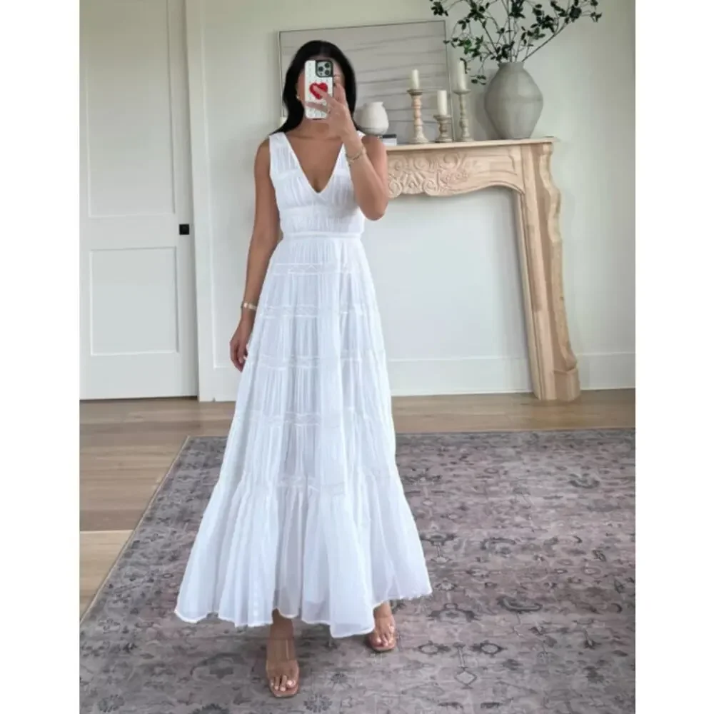 Abercrombie & Fitch White Plunge Lace Tiered Boho Maxi Dress Medium Tall MT
